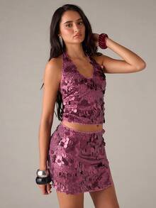 SHEIN BAE Women's Y2K Solid Color Cropped Halter Sequin Tank Top - Burgundy - View 4
