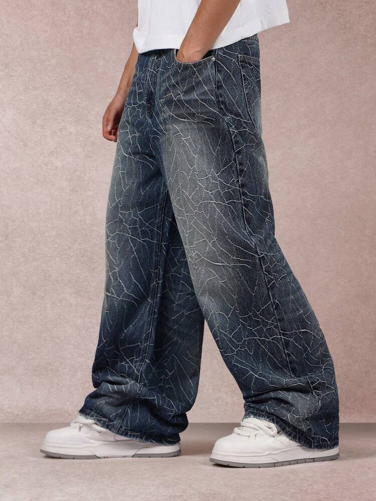 Wide Leg Jeans With Cracked Pattern