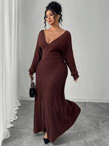 Elenzga Luxurious Ceiling, Deep Brown Off-Shoulder Knit Dress, Elegant Yet Sexy, Autumn/Winter - Coffee Brown - View 5