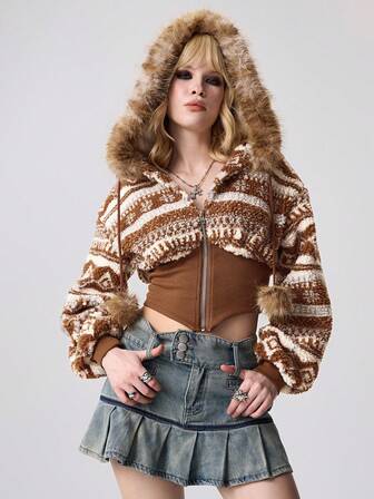 Hippie Women's Casual Vacation Style Western Geometric Patchwork Zip-Up Drawstring Faux Fur Hooded Wide Hem Jacket, Autumn/Winter