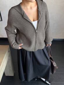 Dazy Plus Plus Size Women Solid Color Hooded Zip-Up Cardigan, Casual & Loose Fit, Autumn/Winter - Grey - View 6