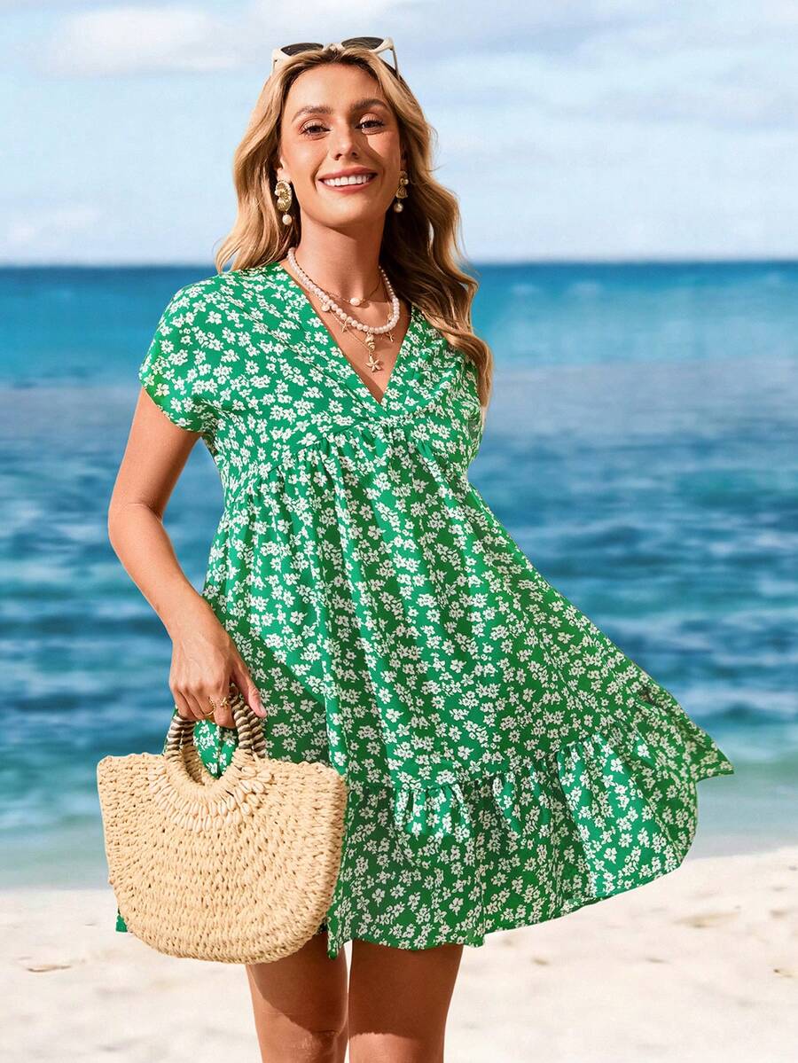 Sylviya Sukienka morska Sukienka tropikalna Boho Damskie krótkie sukienki Wielkanocna sukienka damska St Patrick Wiosna Zielona Ditsy Floral Romantyczna krótka sukienka dla kobiet - Zielony - Zobacz 1