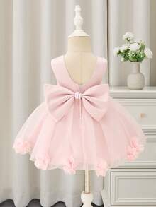Glamorique Kids Girls' Baby Pink Satin Tulle Dress, Sleeveless Vest Dress With Large Bow At Back, Hand-Beaded 3D Flowers Evening Party Dress, Baby Birthday Dress, Wedding Guest Dress - Pink - View 1