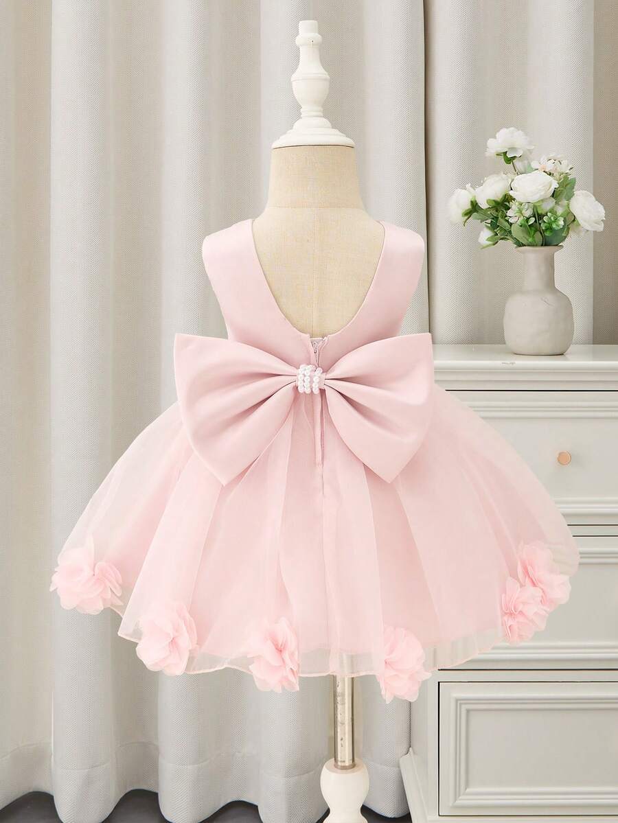 Glamorique Kids Girls' Baby Pink Satin Tulle Dress, Sleeveless Vest Dress With Large Bow At Back, Hand-Beaded 3D Flowers Evening Party Dress, Baby Birthday Dress, Wedding Guest Dress - Pink - View 1