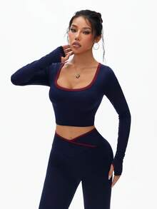 Dewbera 女式无缝撞色高腰收腹短袖紧身运动服套装 - 藏蓝色 - 查看 6