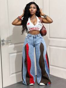 Slaydiva Quần Jeans Rộng Màu Tương Phản Thường Ngày Cỡ Lớn Thời Trang Cho Nữ - Rửa nhẹ - Xem 3