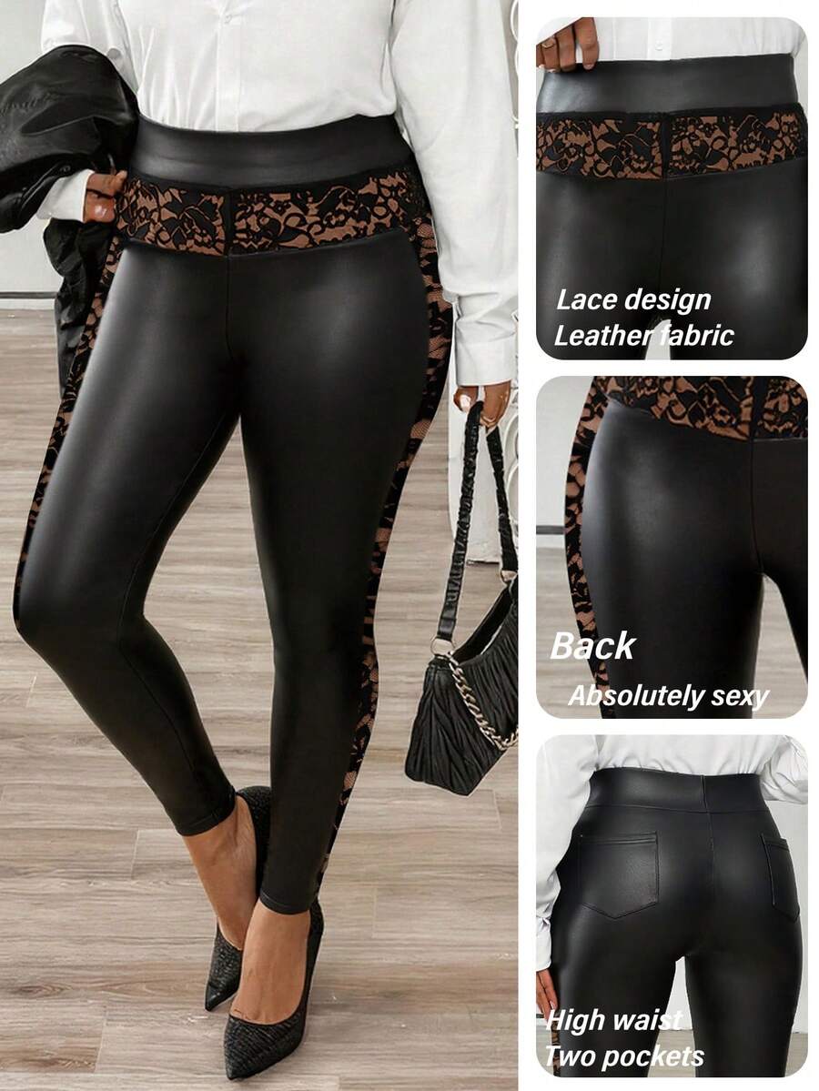 Elenzga Pantalon skinny grande taille en tissu élastique enduit avec dentelle contrastante - Noir - Voir 1