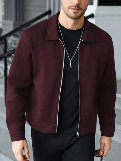 Manfinity Homme Men's Solid Color Zip-Up Casual Jacket, Autumn/Winter Men Zip Up Shirt Crop For Jackets Long Sleeve Sweater