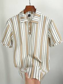 Manfinity Homme Men's Black And White Striped Polo Shirt,Geometric Pattern Vintage Summer Button Up Short Sleeve Casual Golf Top For Back-To-School - Apricot - View 1