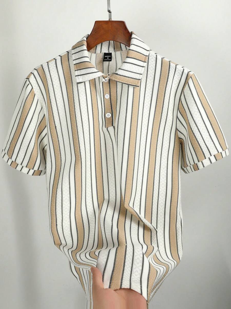 Manfinity Homme Men's Black And White Striped Polo Shirt,Geometric Pattern Vintage Summer Button Up Short Sleeve Casual Golf Top For Back-To-School - Apricot - View 1