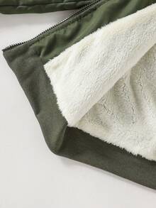 SHEIN Vacaura 青少年男孩休闲日常通勤简约百搭时尚街头字母图案翻盖口袋拉链连帽保暖内衬夹克，秋冬 - 墨綠色 - 查看 6