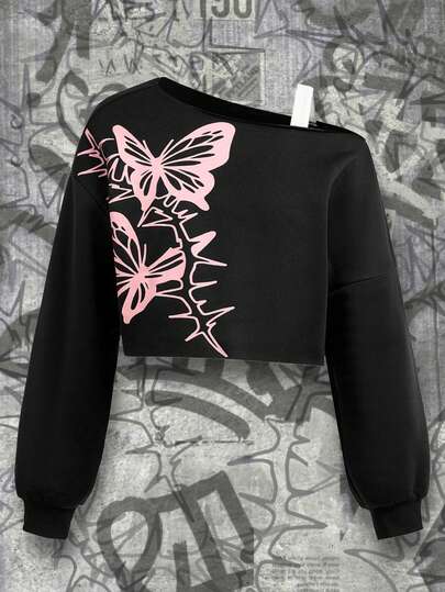 Shutterstock Y2Kool Sudadera asimétrica de hombro sexy con estampado de mariposa y espinas, estilo callejero Y2K para volver a la escuela, fiesta, discoteca, sudadera corta con gráfico, top corto de mariposa, camisa gráfica corta, colección de ropa de invierno con estilo, atuendos de Año Nuevo