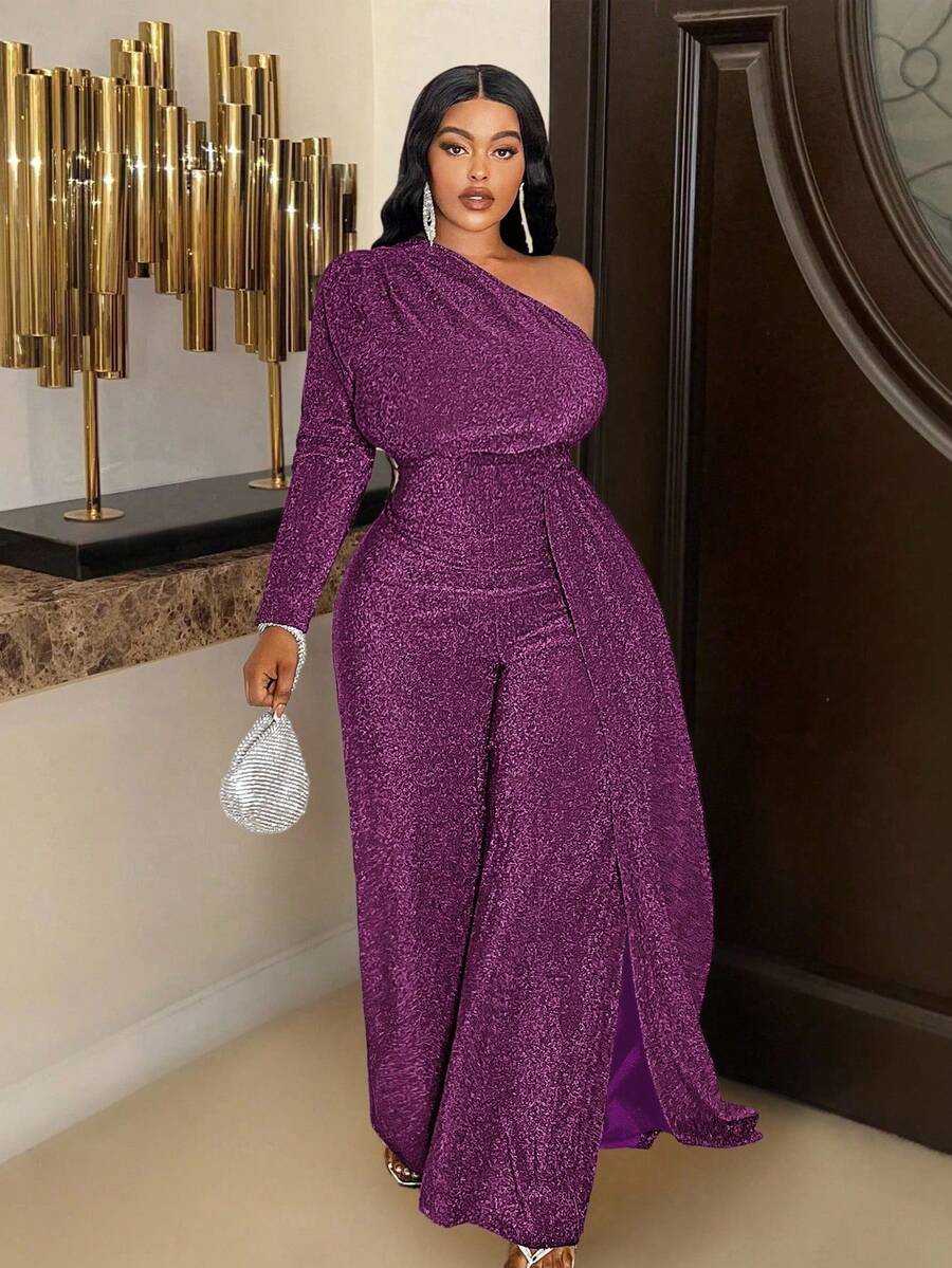 Slaydiva 大码优雅不对称腰部直筒绿色连体裤，秋冬 - 紫色 - 查看 1