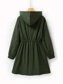 EMERY ROSE 大码女式保暖内衬拉链连帽长袖夹克，收腰设计，秋冬季温暖休闲通勤外套 - 軍綠色 - 查看 2