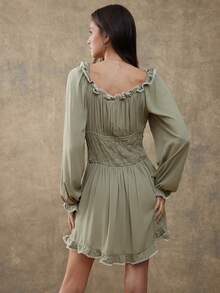 WESTFADE Scoop Neck Bow Front Smocked Waist Long Flare Sleeve Tiered Ruffle Dress Fall, Autumn, Winter, Casual Cute Boho, Nashville Cowgirl, Country Outfit, Western Wear For Women - Olive Green - View 5