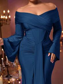Glamrae Váy dạ hội trang trọng hở vai tay loe cổ bèo nhún màu nâu lãng mạn thanh lịch cỡ lớn có đuôi váy đuôi cá ôm sát - Màu xanh hải quân - Xem 4