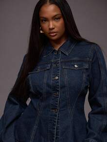 MUSERA Plus Contrast Stitch Cinched Waist Button Through Denim Jacket Autumn Winter Everyday Casual Cool Girl Streetwear Uncut - Blue - View 2