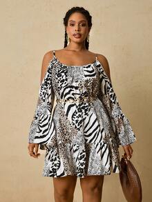 SHEIN VCAY Plus Size Women Leopard & Zebra Print Off Shoulder Flare Sleeve Fashion Dress Animal Print Plus Size Dress Tiger Print Plus Size Dress Cold Shoulder Dress - Beige - View 1