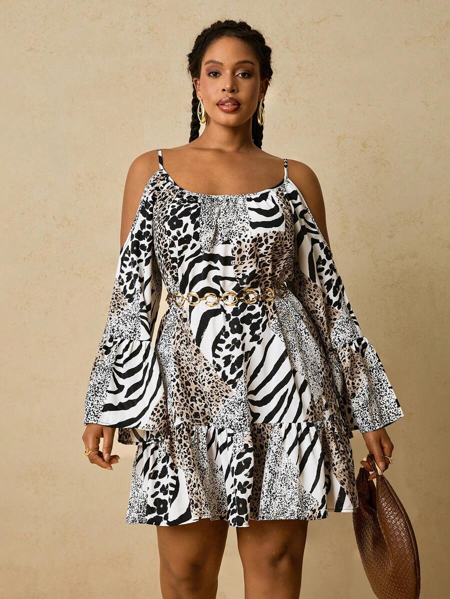 SHEIN VCAY Plus Size Women Leopard & Zebra Print Off Shoulder Flare Sleeve Fashion Dress Animal Print Plus Size Dress Tiger Print Plus Size Dress Cold Shoulder Dress - Beige - View 1