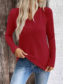 EMERY ROSE LUNE V-Neck Brushed Ribbed Women Sweater, New Arrival For Cross-Border E-Commerce Autumn/Winter - Red - View 3