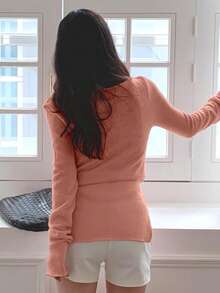 DAZY 女式纯色休闲宽松常规长袖T恤，秋季 - 粉色 - 查看 6