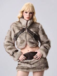 ROMWE EDITION Chaqueta corta de mujer de invierno con cuello alto, manga larga, diseño de botones de ojal y forro de piel sintética - Caqui - Ver 8