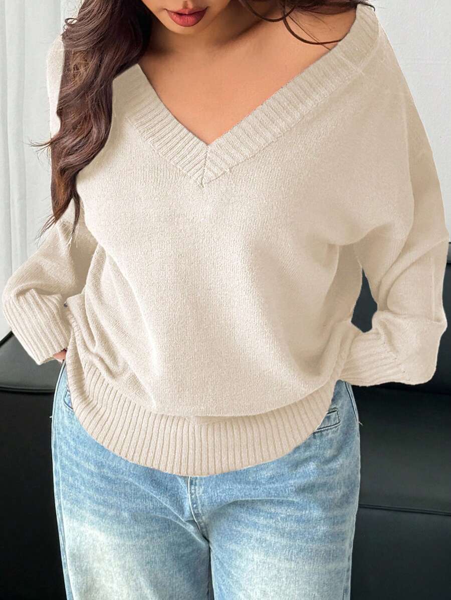 Dazy Plus 大码女式V领宽松厚套头毛衣,秋冬休闲装 - 杏色 - 查看 1