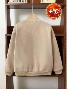 SHEIN 男童灯芯绒保暖内衬拉链棒球夹克，可搭配万圣节连帽衫、秋季卫衣、万圣节长袖衬衫、男童毛衣、男童连帽衫、衬衫、男童运动裤、男童长裤，适合通勤、上学、休闲、大学、运动、秋冬季穿着。 - 卡其色 - 查看 2