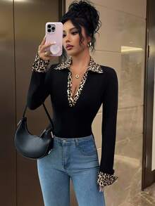 Elenzga Women's Fashion Leopard Print Patchwork Elegant Deep V Vintage Lapel Button Decor Fitted Long Sleeve T-Shirt - Black - View 3
