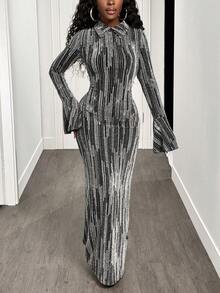 BamGleam 女式条纹领喇叭袖修身连衣裙 - 銀色 - 查看 5