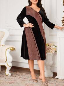 Modelyn Plus Size Elegant Color Block Party Dress - Black - View 3