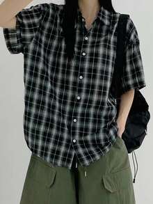 DAZY 女士 Polo 领格子宽松短袖街头风格衬衫，法兰绒女式 - 黑色 - 查看 4