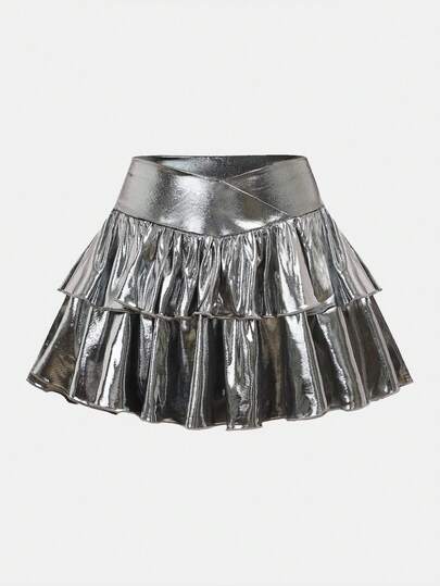 SHEIN Casual Tween Black & Silver Polyester Layered Skirt For Girls With Plain Pattern, Black Ruffle Skirt, Tween Ruffle Skirt, Black Skirt For Girls, Silver-Gray Skirt For Teen Girls, Black Skater Skirt With Pleated Hem Knee-Length Skirt, Casual Street Style, Back To School, Homecoming Silver Skirt Y2k Skirt Girls Skorts Outfit