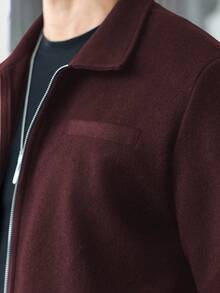 Manfinity CasualCool 男士纯色拉链休闲夹克，秋冬男士拉链衬衫短款夹克，男士夹克，男士长袖毛衣夹克，男士休闲夹克 - 酒紅色 - 查看 7