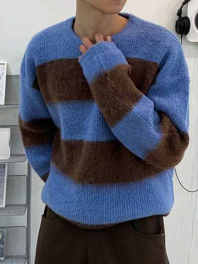 DAZY Men's Colorblock Pullover Sweater With Textured Knit, Blue And Brown, Autumn/Winter