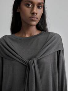 Ontre Women's Casual Solid Color Bow Decor Loose Long Sleeve Top T-Shirt, Suitable For Urban Commute, Business Casual, Office Wear, Teacher Outfit, Wedding Guest Attire, Elegant Basic Outerwear Gray Top Athleisure Wear Oversized Sweatshirt Woman Grey Tops For Women Baggy Shirts For Women Low-Key And Durable Basic Style, All-Match And Suitable For Everyone, Street Fashion Wear, Coffee Shop Wear, Relaxed Wear All-Season