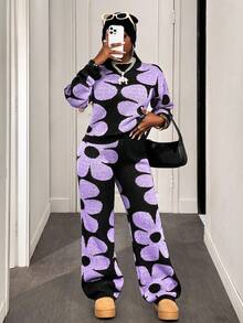 BamGleam 女士花卉图案落肩长袖毛衣和阔腿裤休闲套装，秋冬 - 淡紫色 - 查看 4