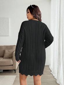 Vionelle Gaun Sweater Lengan Panjang Motif Rajut Kabel Bergelombang dengan Leher V dan Tali Serut Ukuran Plus, Warna Polos, Kasual & Modis untuk Musim Gugur/Dingin - Hitam - View 2