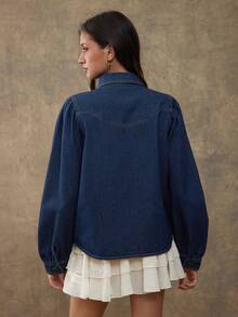 WESTFADE Neck Tie Long Puff Sleeve Western Seamed Relaxed Fit Cotton Blend Denim Collared Button Up Shirt Cute Fall Top, Autumn, Winter, Casual, Boho, Country Music Concert, Western Wear