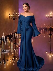 Glamrae Váy dạ hội trang trọng hở vai tay loe cổ bèo nhún màu nâu lãng mạn thanh lịch cỡ lớn có đuôi váy đuôi cá ôm sát - Màu xanh hải quân - Xem 5