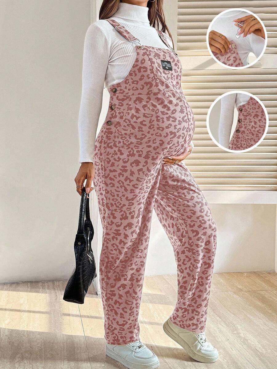 SHEIN 孕妇豹纹无袖休闲宽松百搭前钩连体裤 - 粉色 - 查看 1