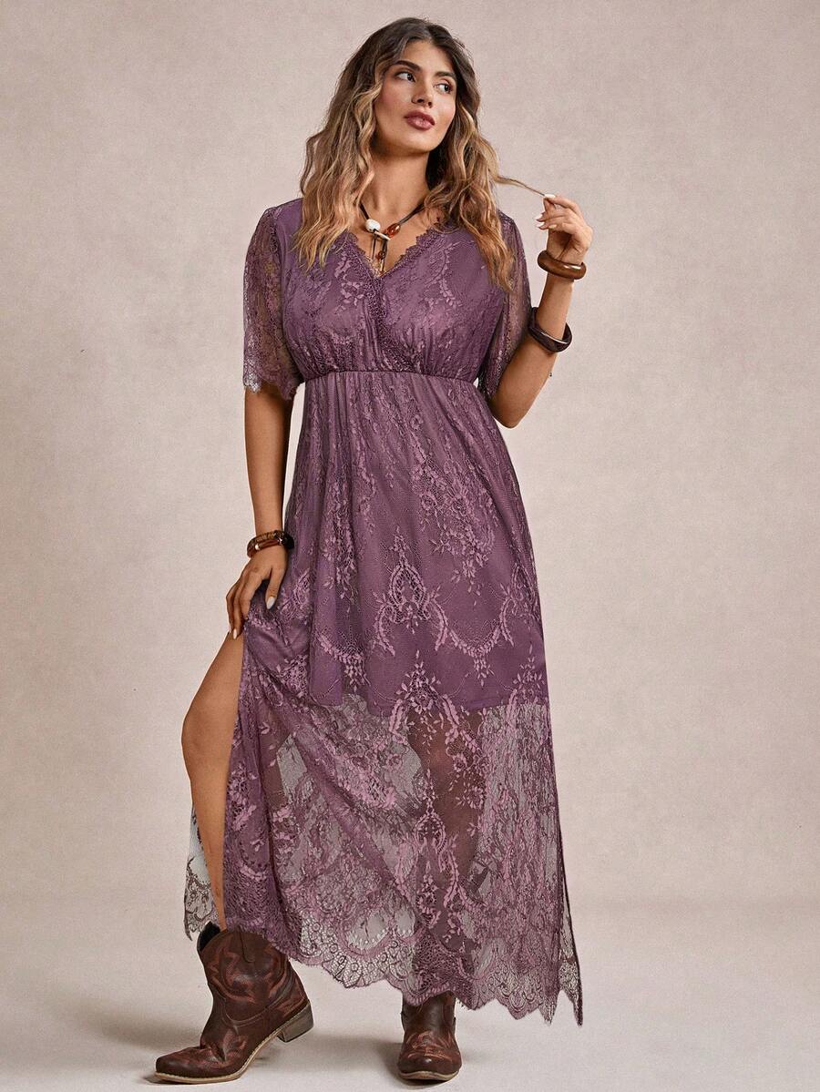 Freevana Plus Size Purple Summer Boho Holiday Vacation Dress,Solid Color Lace High Slit Music Country Festival Outfits,Long Lavender Dress For Women - Dusty Purple - View 1