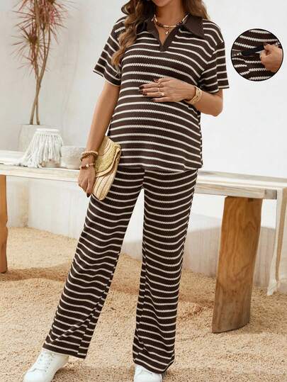 Boho Mama Set de 2 piezas de camiseta de polo de manga corta a rayas y pantalones casuales con cintura ajustable para maternidad