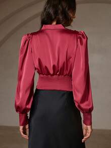 Aveloria Rosie Europäischer & amerikanischer Stil einfarbiges Satin V-Ausschnitt Hemd mit übertriebenen Ärmeln, Herbst/Winter - Rot - Übersicht 6