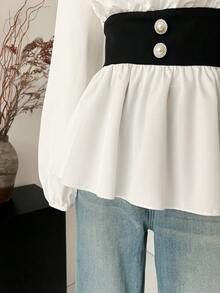 SHEIN LUNE 女式撞色圆领灯笼袖腰部修身衬衫 - 白色 - 查看 6