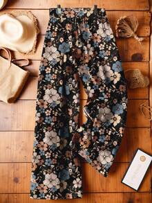 Mellowie Pantalones casuales holgados con estampado floral, cintura alta y cordones, talla grande, para mujer, de verano