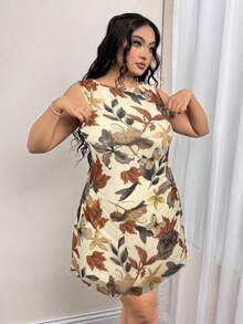 SHEIN ICON 加大码无袖船领枫叶印花网眼连衣裙，适合夏季、毕业季、返校季、暑假，也适合秋季 - 杏色 - 查看 5