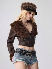 ROMWE EDITION Chaqueta de motociclista sexy Y2K para mujer, chaqueta corta de motocicleta con parches de piel sintética y ante - Marrón - Ver 7