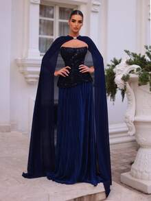 Glamrae Váy voan organza xếp ly họa tiết dệt thanh lịch, tay dài, dáng ôm, gấu thẳng, thích hợp mặc trong đám cưới, dạ hội, sự kiện, tiệc, công sở, váy khách mời hòa nhạc, váy dạ hội, váy trang trọng, áo choàng - Màu xanh hải quân - Xem 7