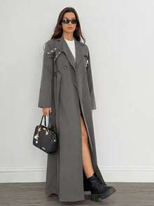 SHEIN Tall Impermeabile lungo e monocolore a doppio petto con maniche lunghe, adatto per l'autunno/inverno - Grigio - Visualizzare 5